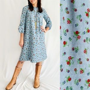 Vintage 1960s Blue Floral/Cherry Print 3/4 Balloon Sleeve Aline Dress Size Small